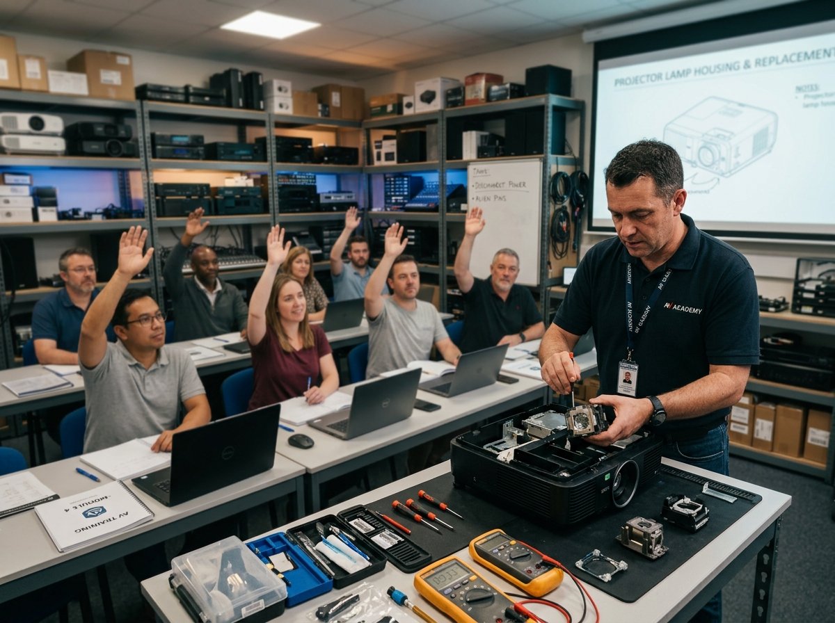 Trainer repairing a projector